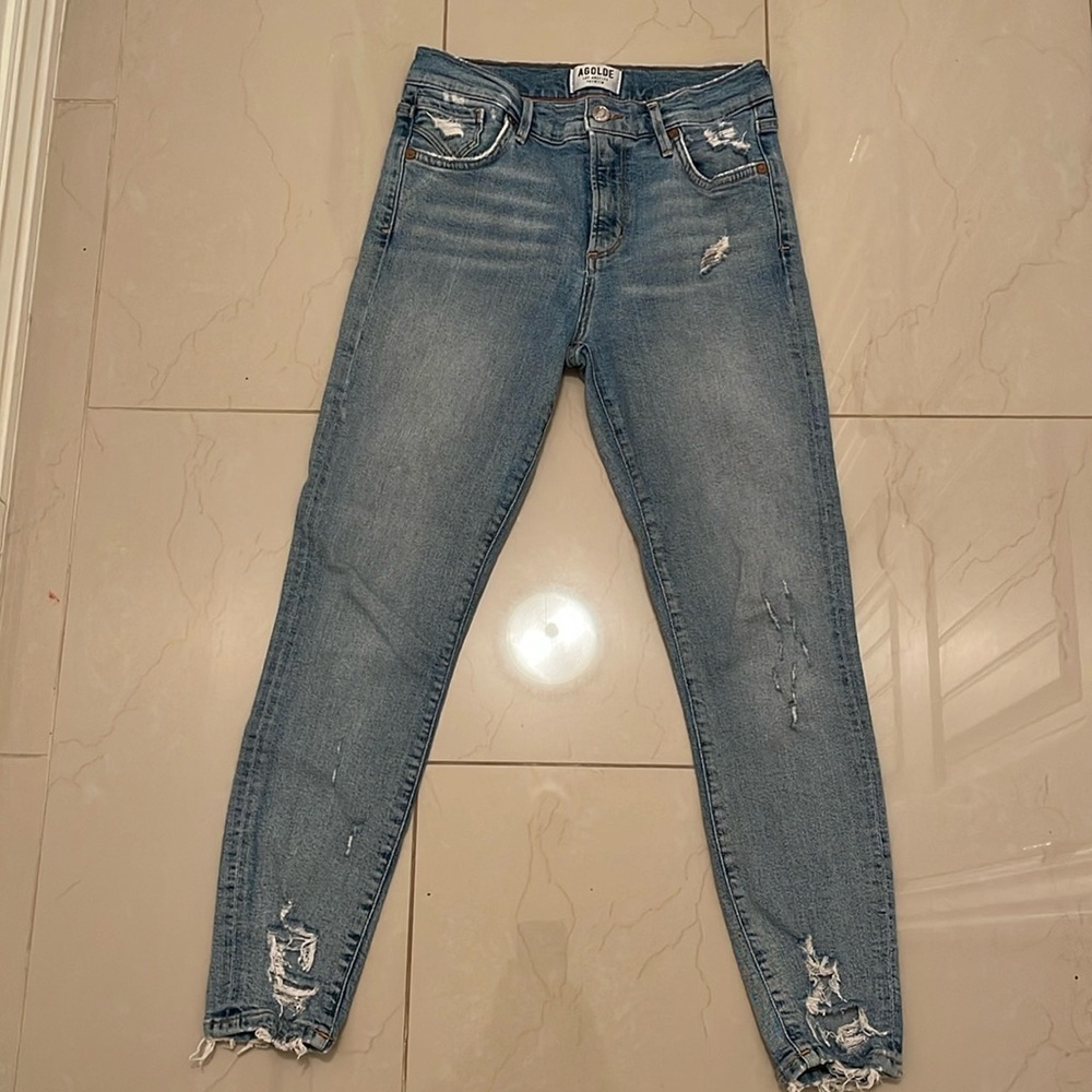 AGOLDE Sophie High Rise Ankle Crop Vertigo Distressed Jeans women’s Sz 26 Blue